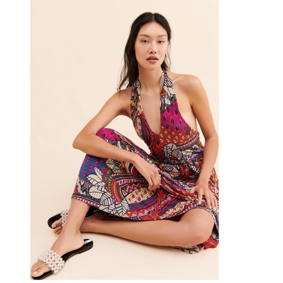NEW Anthropologie Maeve Cynthia Halter Maxi Dress Abstract Printed Pink Blue - Picture 1 of 6